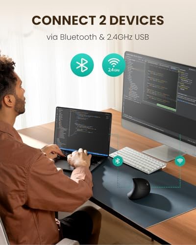 POJTK Ergonomic Wireless Rechargeable Mouse, Bluetooth+USB A+Type C(3 in 1) Connection, 5 Levels Up to 4800 DPI, 6 Silent Buttons, 2.4GHz Carpal Tunnel Vertical Mice, for Laptop, Desktop,MacBook-black - Image 4