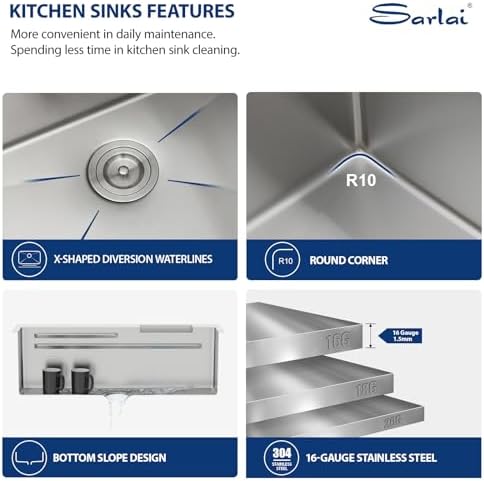Sarlai 33 Inch Waterfall Kitchen Sink Workstation - 33x22 Waterfall Drop In Sink Stainless Steel 16 Gauge Sink Multifunction Single Bowl Smart Top Mount Kitchen Sink with Faucet Combo - Image 6