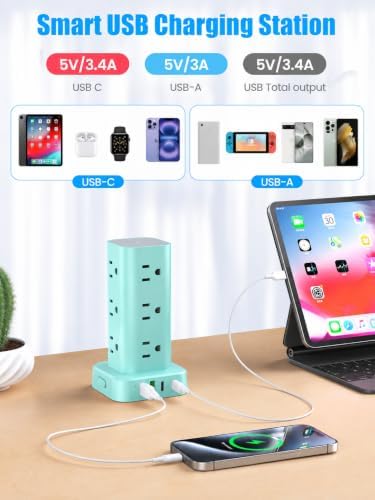 Power Strip Tower with Wireless Charger, Flat Plug Surge Protector Tower with 6FT Extension Cord, 12 AC Multiple Outlets, 4 USB (2 USB C),15W Wireless Charging Power Tower for Home Office Dorm, Blue - Image 5