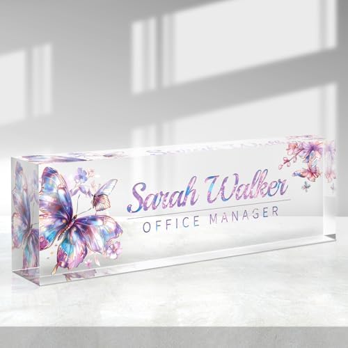 Custom Name Plate for Desk - Desk Name Plate Personalized - Acrylic Office Desktop Accessories - Appreciation Gifts for Coworkers Employee Teacher Boss - Office Decor for Women (Purple Gilt Butterfly) by Purdicra