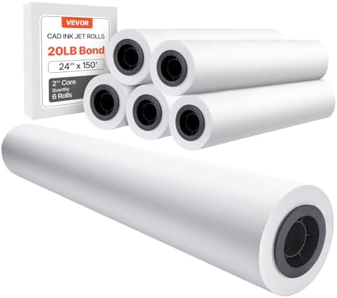 VEVOR Wide Format Paper, 24 in x 150 ft Plotter Media, 6 Rolls CAD Bond Rolls with 2 in Core, 20 LB Bond Rolls, Ideal for CAD Drawings, Engineering Plans, GIS Maps & Architectural Designs by VEVOR