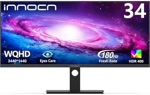 INNOCN 34" Ultrawide Monitor WQHD 3440 x 1440P 180Hz IPS PC Adaptive-Sync G-SYNC Compatible, HDMI, DP, PIP/PBP, 21:9, HDR, MPRT, Built-in Speaker, Height Adjustable, Eye Care - 34C1R by INNOCN