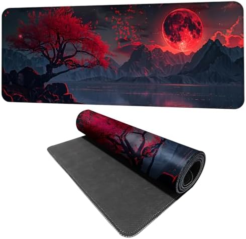 Red Moon Mouse Pad XXL – Large Gaming Desk Mat with Dark Mountain Landscape & Sakura Tree, Extended Mousepad with Non-Slip Base for Office, Gamer Setup,31.5 x 11.8 in by THISFIND