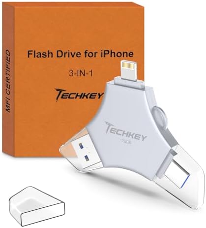 MFi Certified USB 3.0 Flash Drive 128GB for iPhone, 3in1 External Memory Photo Keeper Storage Stick for Picture/Video/Data Saver/Backup, High Speed Thumb/Jump/Hard Drives for iPhone/iPad/Android/PC by Techkey
