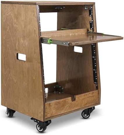 Sound Town DIY Slanted 12U Studio Rack (4U Top + 8U Lower), with 2U Bottom Storage, Slide-Out Tray, Caster, Plywood, Weathered Brown for Recording Room, Home Studio (SDRK-ST12TB) by SOUNDTOWN