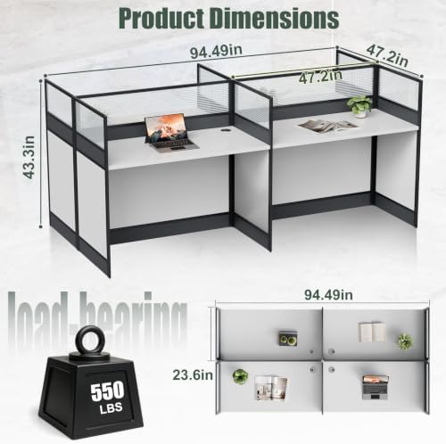 4 Person Cubicle Workstation Desk with Privacy Panels and Cable Management,Modular Long Office Desk for Commercial Workspace, Sound Dampening Partition Wall (White, 94.5IN) - Image 2