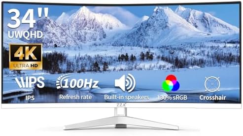 ZZA 34 Inch Ultrawide Curved Monitor Built in Speakers 4K Gaming Computer Monitor 100Hz, WQHD(3440x1440P) Curved 3800R 21:9 Ultra Wide PC Display, 130% sRGB, HDMI &DP, VESA Mount Compatible-White by ZZA