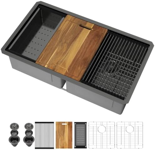 33 Black Undermount Kitchen Sink Double Bowl Workstation 50/50 Low Divide by Kichae