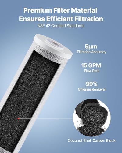 VEVOR CTO Whole House Water Filter, 20 x 4.5 Inch Universal Fit, Activated Carbon Block Cartridge Replacement, 5 Micron Coconut Shell Charcoal Filters, Reduces Chlorine, Taste & Odor, 2 Pack - Image 3