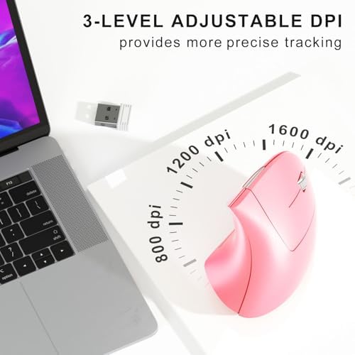 Wireless Ergonomic Mouse,2.4G USB Wireless Vertical Mouse,Adjustable DPI(800/1200/1600),Quiet Clicks,6 Buttons for Laptop,PC,Mac,Desktop – Pink - Image 4