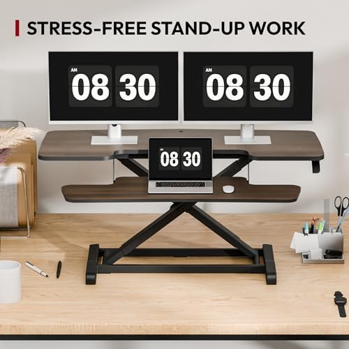 SANODESK 42" Standing Desk Converter, Large Sit-Stand Riser for Dual Monitors & Laptop, Stable Multi-Device Workstation with Keyboard Tray, Home Office Desktop Converter, Walnut - Image 7