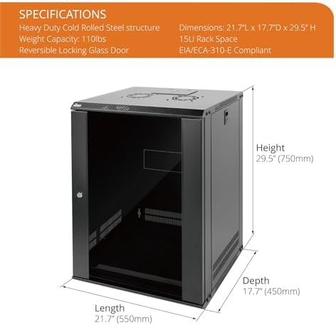 Tecmojo 15U Wall Mount Rack Network Cabinet for 19" IT Equipment,with Lockable Glass Door and Side Panels,Cooling Fan,17.7inch Depth,Black (15U) - Image 2