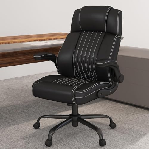 Ergonomic Executive Office Chair, High Back PU Leather Computer Desk Chair with Flip-Up Armrests, Lumbar Support, Adjustable Height and Rocking Function, Black by Keratee