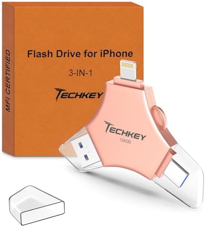 MFi Certified USB 3.0 Flash Drive 128GB for iPhone 3in1 External Memory Photo Keeper Storage Stick for Picture/Video/Data Saver/Backup High Speed Thumb/Jump/Hard Drives for iPad/Android/PC (Rose Pink) by Techkey