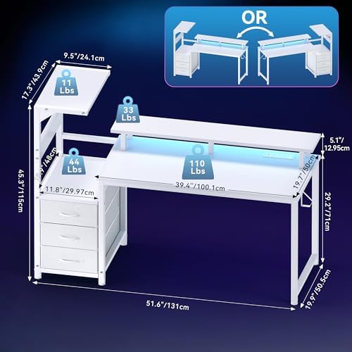 DUMOS 52" Gaming Desk with USB Charging Ports & LED Lights, White - Image 3