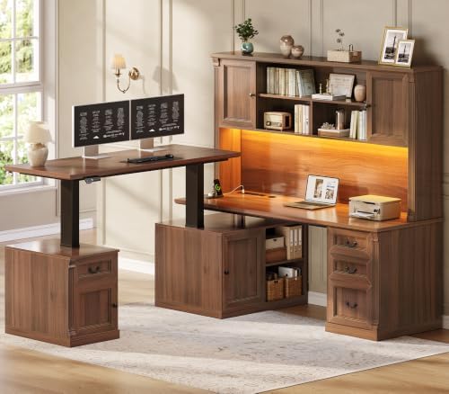 SEDETA Farmhouse L Shaped Electric Standing Desk with Hutch, 4 Drawers and Storage Cabinet, 106" Height Adjustable Office Executive Desk with Power Outlet, Led Lights for Two Person, Brown by SEDETA