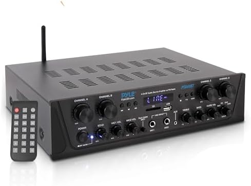 Pyle 500W Karaoke Amplifier with Bluetooth - 4 Channel Stereo Output, Front Panel Aux In, MIC1 / MIC2, Mic Vol with Echo / Talk Over, USB-A, SD/MMC, Sub Out, Rec Out - Home / Commercial -PTA44BT.5 by PyleUSA