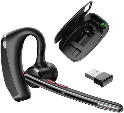 Bluetooth Headset V5.3, Wireless Headset with Dual Noise-Canceling Mics, Charging Case, 300H Standby Time, Hands Free Headphones for PC/Cell Phones, Trucker/Office/Work/Home by COMEXION