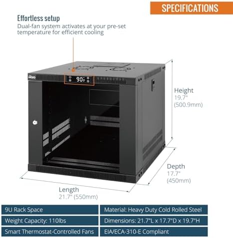 Tecmojo 9U Wall Mount Rack with Thermostat, 17.7inch Depth Enclosed Server Cabinet with 2 Cooling Fans,Lockable Door & Hardware,9U Rack for 19inch Equipments,Glass Door - Image 2
