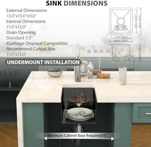 Mocoloo 13 Inch Gunmetal Black Undermount Bar Sink - 13" x 15" Small Kitchen Sink T304 Stainless Steel Handmade Single Bowl Round Corner Under Counter Wet Bar Sink for Kitchen Prep & RV - Image 2