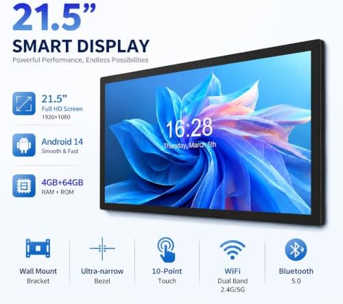 21.5 Inch Android Digital Signage Display, RK3576 Octa-Core, Android 14 Touch Screen Tablet, 4GB RAM 64GB ROM, FHD IPS 10-Point Touchscreen, WiFi 6, Bluetooth 5.4, VESA Wall Mount, POE (White) - Image 2