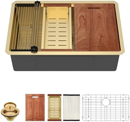 Lordear 28 Undermount Kitchen Sink Gold Stainless Steel 16 Gauge Under Counter Workstation Sink Single Bowl 304 Stainless Steel One Basin Handmade Sinks by LORDEAR