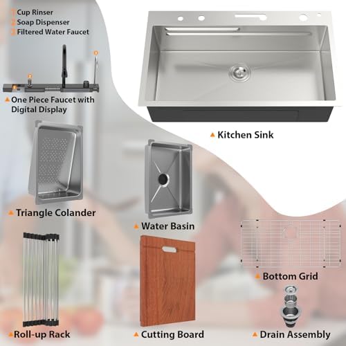 Mocoloo 33 Inch Honeycomb Waterfall Kitchen Sink Drop in, 33x19 Inch Stainless Steel Workstation Sink 16 Gauge Topmount Single Bowl Sink with Complete Kit - Image 7