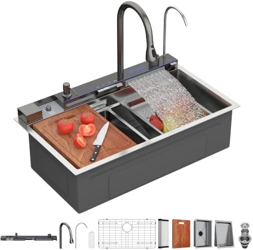 Lordear 33 Inch Drop In Smart Kitchen Sink with Waterfall Faucet by LORDEAR