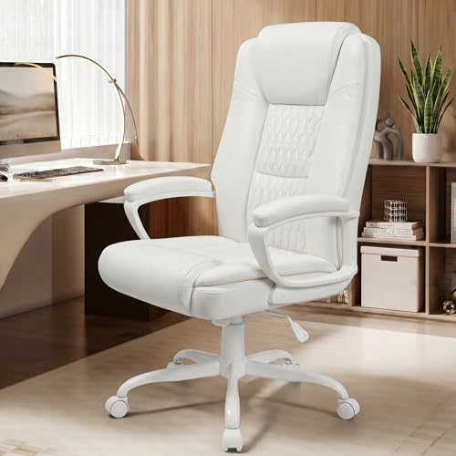 Executive Office Chair, High Back Ergonomic Desk Chair with Lumbar Support, Adjustable Big and Tall Computer Chair, 360° Swivel, PU Leather, White by HomeOfficePro