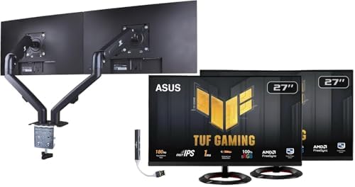 ASUS TUF Gaming 27" FHD IPS Monitor with 1ms Response Time, Built-in Speakers, Anti-Glare, Flicker Free, AMD FreeSync, 180Hz, Displayport, HDMI, Black (VG279Q3R) 2Pack w/DKZ Hub & ErgoFlexy Dual Mount by Unknown