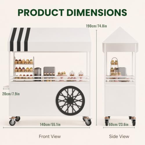 Mobile Food Cart with LED Lights & Canopy, Portable Vendor Display Stand with Lockable Wheels, Commercial Food Kiosk for Markets, Street Vending, Flea Markets, Weddings, Hotels & Snack Events - Image 2