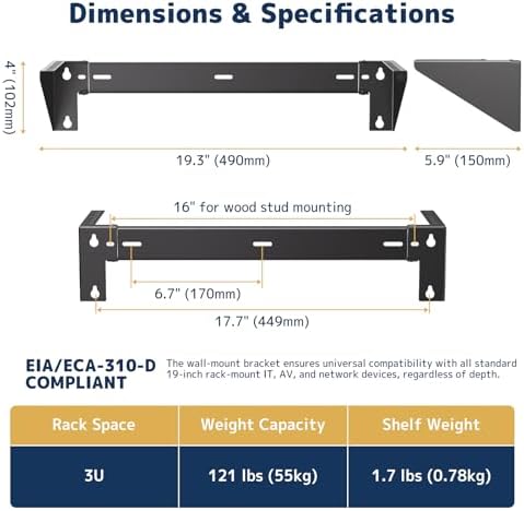 3U Vertical Wall Mount Rack - 19" Steel Wall & Under-Desk Bracket for Server, Network Switch, or Patch Panel, Supports up to 121lbs, for Cabinet or Server Room, JHSVR-3U - Image 4