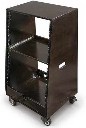 Sound Town DIY Slanted 16U Studio Rack (8U Top + 8U Lower) with 2U Bottom Storage, Slide-Out Tray, Casters, for Home Studio and Recording Room, Birch Plywood, Black Espresso (SDRK-ST16TD) - Image 3