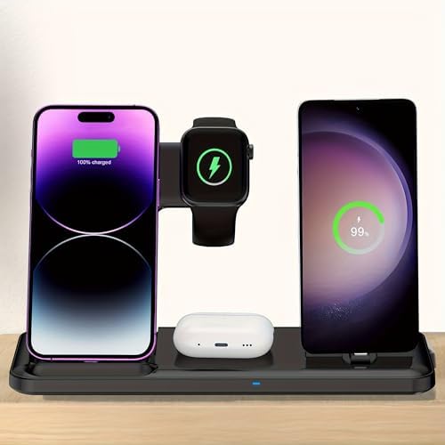 Wireless Charger for iPhone Charging Station, Foldable 4 in 1 Fast Charging for iPhone 16 15 14 13 12 Pro Max Plus, Charger Stand for Apple Watch & Airpods 4 3 2 Pro,for Samsung Series Black by LONET