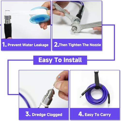 NIFUAL 50FT Sewer Jetter Kit for Pressure Washer, 5800PSI Pressure Drain Cleaner Hose 1/4 Inch NPT Corner, Rotating and Button Hose Sewer Jetting Nozzle Waterproof Tape Pearl Corsage Pin Spanner Glove - Image 3