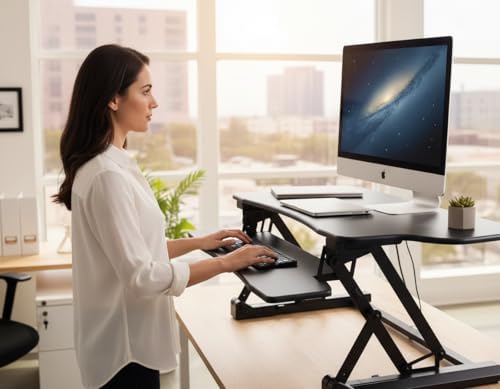 Mount-It! 48.5" Electric Standing Desk Converter for Dual Monitors, Motorized Sit Stand Electric Desk Riser with USB Port & Device Slot, Keyboard Tray, Adjustable Height Ergonomic Workstation, Black - Image 2