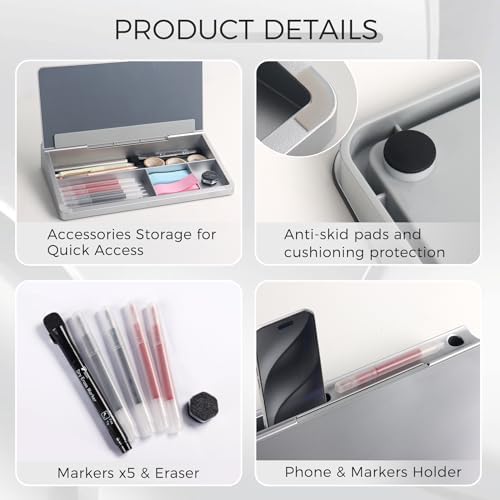 TOWON Glass Desktop Whiteboard with Storage 12x7 in, Metallic Silver - Image 3