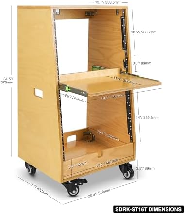 Sound Town DIY Slanted 16U Studio Rack (8U Top + 8U Lower), with 2U Bottom Storage, Slide-Out Tray, Caster, Plywood, Golden Oak for Recording Room, Home Studio (SDRK-ST16T) - Image 5