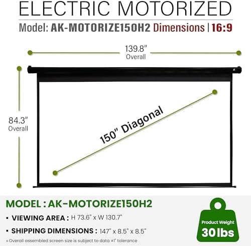 Akia Screens 150" Motorized Projector Screen, 16:9 Electric Remote Controlled Retractable Drop Down Projection Screen, Ceiling or Wall Mount, 8K 4K HD Ready, Black Housing, AK-MOTORIZE150H2. - Image 5