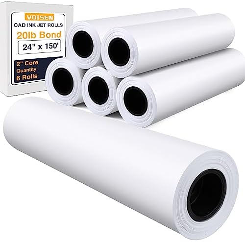VOISEN Wide Format Paper,6 Rolls Plotter Paper 24 In x 150 Ft, CAD Bond Rolls,20lb,Bond Paper on 2" Core for CAD Printing on Wide Format Ink Jet Printers by VOISEN