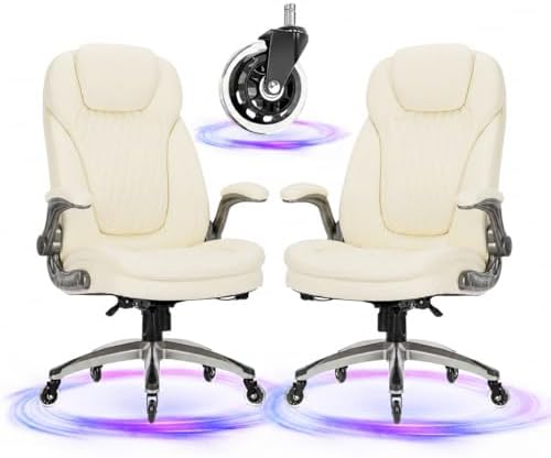 COLAMY Ivory Leather High Back Executive Office Chair Set of 2, Ergonomic Desk Chair with Flip-up Arms, Thick Cushion, Silent Nylon Wheels, Adjustable Height & Rocking Function, 300lbs Capacity by COLAMYHOME