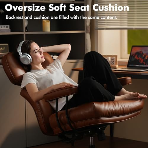High Back Executive Office Chair with Comfortable Deep Seat,Brown PU Leather Modern Office Chair,Ergonomic Big and Tall Computer Desk Chair with Lumbar Support(Light Brown) - Image 3