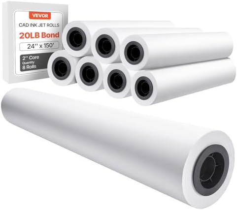 VEVOR Wide Format Paper, 24 in x 150 ft Plotter Roll, 8 Rolls CAD Bond Rolls with 2 in Core, 20 LB Bond Paper Rolls, Ideal for CAD Drawings, Engineering Plans, GIS Maps, and Architectural Designs by VEVOR