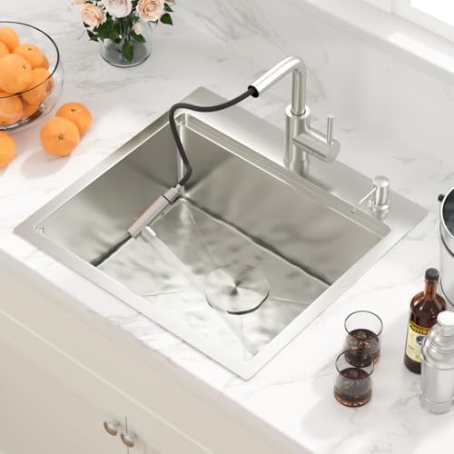 Sarlai Outdoor Kitchen Sink - 21 Inch Drop Bar RV Sink with Pull-out Faucet Drop In Workstation 21 x 20 Topmount Stainless Steel 16 Gauge Single Bowl Bar Prep Outdoor Sinks Basin - Image 4