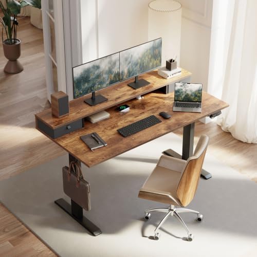 Klicelor 40 x 24 Inch Electric Standing Desk with Drawers, Adjustable Height Small Sit Stand Desk for Home Office, Compact Computer Workstation with Storage– Rustic Brown - Image 2