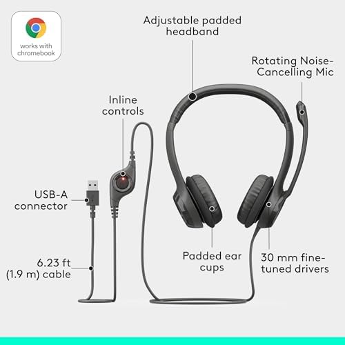 Logitech H390 Wired Headset PC/Laptop Stereo Headphones, USB-A, Black - Image 6