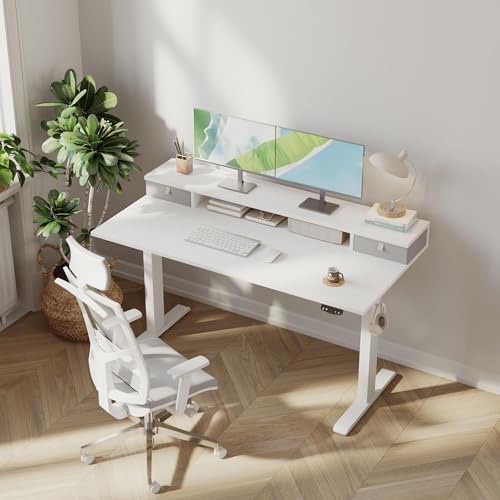 Klicelor 55 x24 Inch Electric Standing Desk with Drawers, Adjustable Height Small Sit Stand Desk for Home Office, Compact Computer Workstation with Storage– White - Image 2