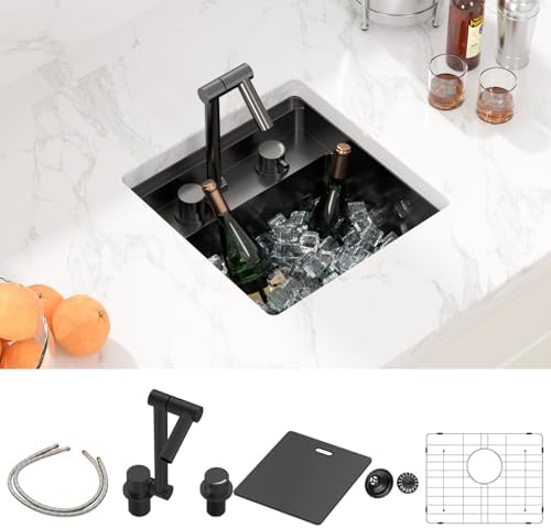 Sarlai Black Undermount Bar Sink With Foldable Faucet - 15x15 Inch Outdoor Black Kitchen Sink RV Workstation 16 Gauge Stainless Steel Single Bowl Handmade Outdoor BBQ Sinks with Lid - Image 2