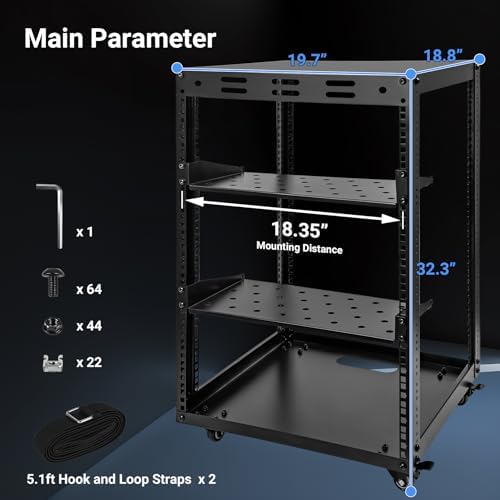 15U Open Frame Server Rack, Wall-mountable IT Rack w/Swivel Casters, 2 Rack Shelves, Top & Bottom Panels, Network Rack for Stereo/Computer/Data/IT/AV Equipment, 19.7”L x 18.8”W x 32.3”H - Image 3