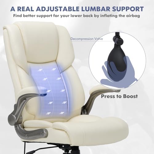 COLAMY Leather Executive Office Chair- High Back Home Computer Desk Chair with Padded Flip-up Arms, Adjustable Tilt Lock, Swivel Rolling Ergonomic Chair for Adult Working Study-Lvory, Set of 2 - Image 5